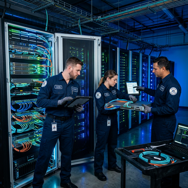Engineers installing high-tech network racks